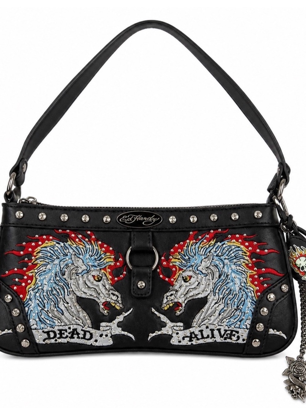 Ed Hardy Black Shoulder Bag with Embroidered Twin Horses and Red Flame Accents